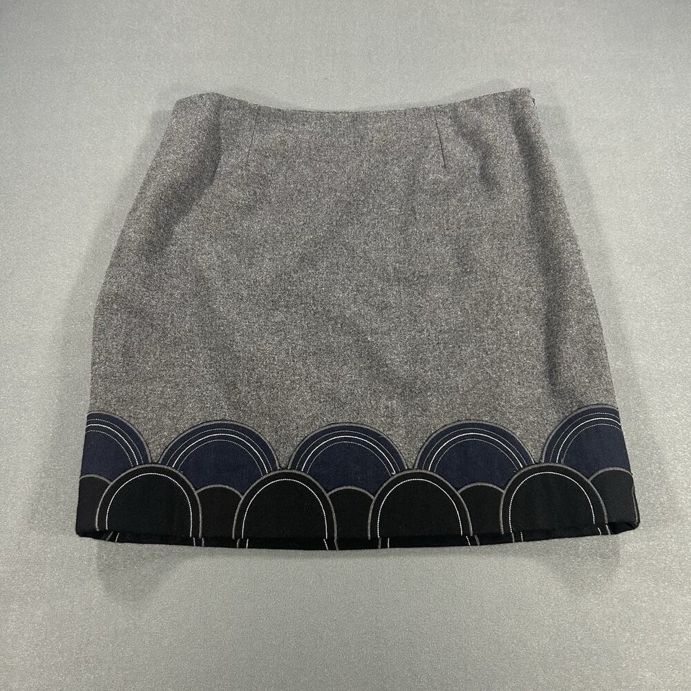 Boden Grey Wool Blend A Line Skirt Scalloped Blue & Black Applique Hem US 14L